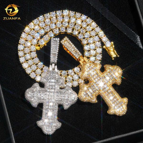 Nova chegada pingentes prata esterlina 925 vvs moissanite baguette diamante hip hop gelado jóias ankh moda cruz pingente