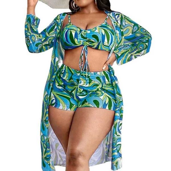 Swim wear 2024 novo plus tamanho grande roupa de banho para mulheres maiô grandes fatos de banho de três peças push up bikini conjunto sexy separado elegante 240229