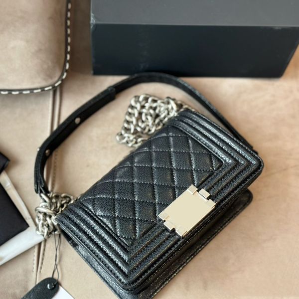 Borse da donna trapuntate da ragazzo in pelle di vitello Borsa a tracolla con tracolla a catena in metallo oro / argento Borsa a tracolla classica con mini patta Borse in pelle di caviale 20CM Nero Bianco