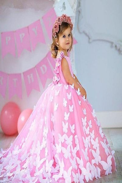 Abito da ballo Abiti da ragazza di fiori Tulle Applicazioni floreali 3D Abiti da spettacolo Farfalla Comunione Costumi in maschera Bambini Formal6619571