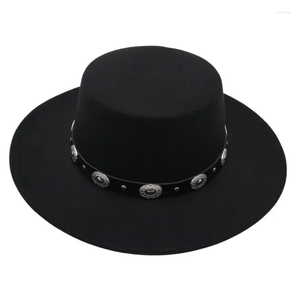 Berretti Elegante Cappello Fedora da Donna in Lana Gentiluomo Autunno Inverno Jazz Bowler Lady Uomo Flat Top Feltro Casual Berretto con Tesa da 7,5 cm