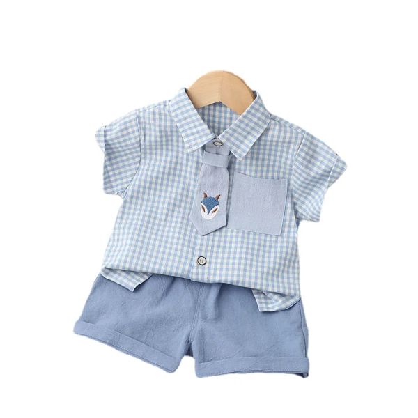 Sets Sommer Grid Krawatte Baumwolle Kurzen Ärmeln Kleidung Anzüge Tops + Hosen Baby Kleinkind Jungen Kleidung Sets Kinder Kinder Mädchen outfits