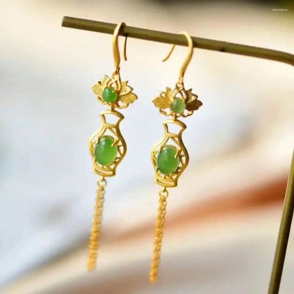 Baumelnde Ohrringe, natürliche Hetian-Jade, lang, elegant, Hanfu-Quaste, Jaspis, alte Montage, Cheongsam, Wassermann-Schmuck