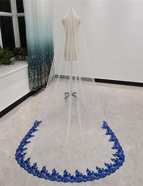 Brautschleier Königsblau lang mit Kamm einlagig weiß elfenbeinfarbener Tüll Zubehör für Bräute Pailletten Spitzenkante 3 Meter9320884