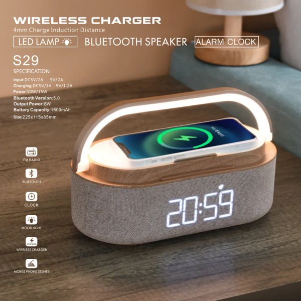 Alto-falantes Coslur S29 Bluetooth Speaker 2500mAh Bateria Suporta 15W Carregamento Sem Fio Relógio Digital Display Night Light Alarm Clock