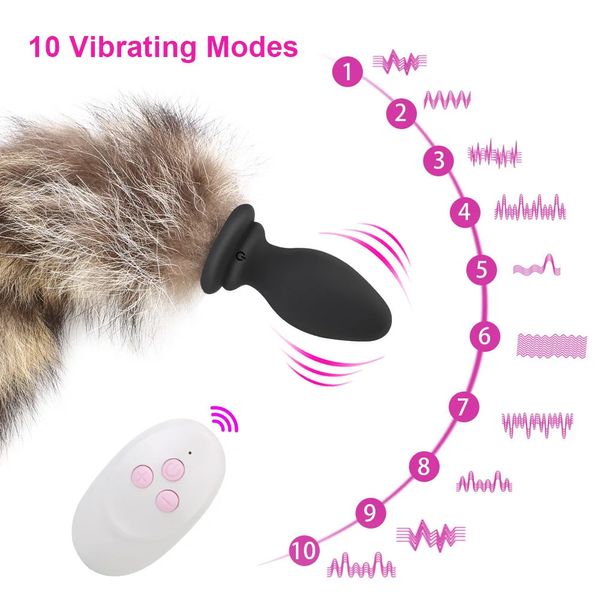 Dilatatore dell'ano 10 frequenze vibranti Butt Plug telecomando gioco per adulti giocattoli del sesso cosplay per coppie vibratore anale coda di volpe 240227