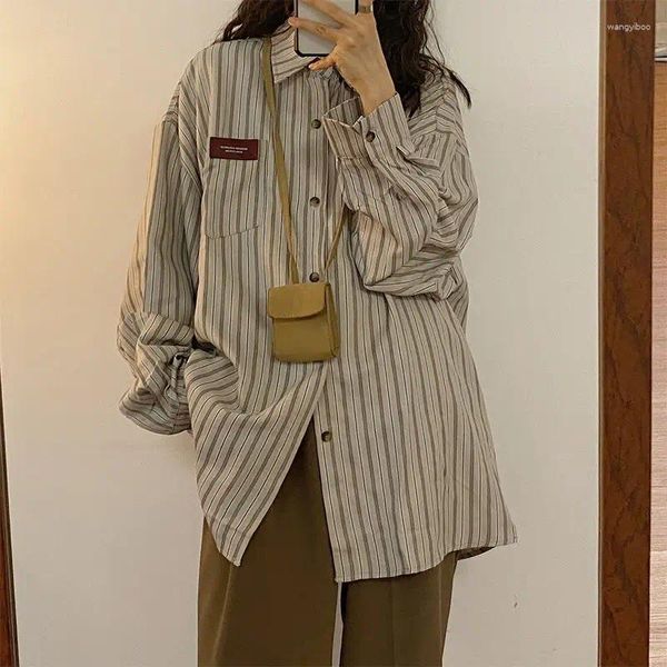 Blusas femininas manga longa moda blusa camisa vintage listras elegantes mulheres altas topos roupas senhoras coreia moderno solto 2024