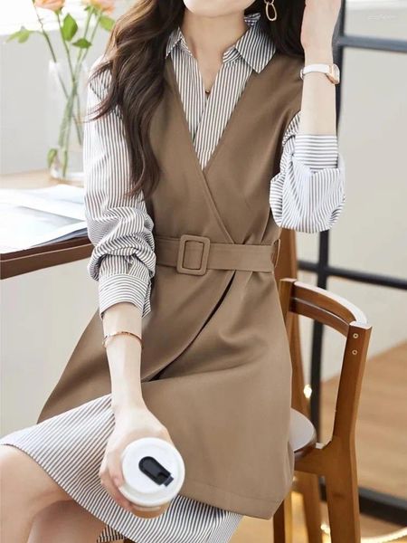 Abiti da lavoro Moda donna coreana Elegante camicia casual Abito completo a righe Gilet vintage senza maniche con cintura Due pezzi Set abiti femminili