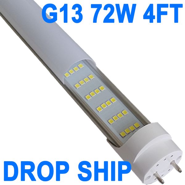 Luzes de tubo LED T8 de 72 W 4 fileiras 4 pés (igual a 45,8 pol.), Substituição de lâmpadas fluorescentes de driver NO-RF RM, tampa leitosa, branco 6500K, lâmpada de loja para armazém de garagem crestech