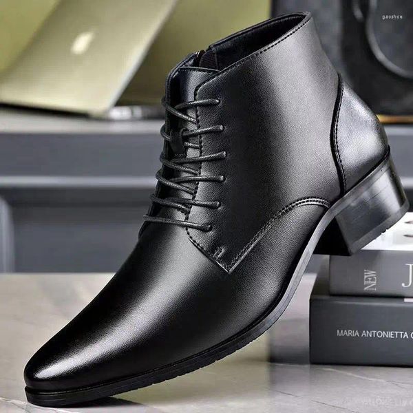 Botas masculinas casual negócios escritório vestido de couro genuíno apontou toe sapatos preto na moda outono inverno bota cavalheiro tornozelo botas