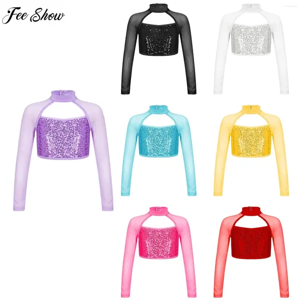 Stage Wear Crianças Meninas Dança Latina Tops Malha Sheer Manga Longa Gola Redonda Lantejoulas Brilhantes Decoradas Camisa Cortada