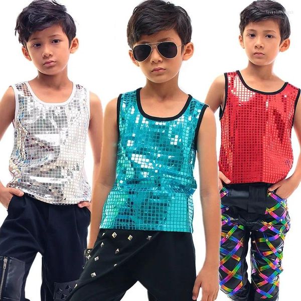 Stage Wear Boy Jazz Performance Costume Cantante Bambini Hip Hop Abiti da ballo Gilet con paillettes T-shirt nera Ragazzi Top Danza DNV10056