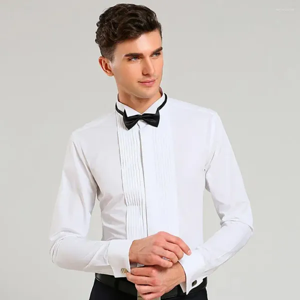 Camisas masculinas respirável camisa elegante festa de casamento formal com gravata borboleta manga comprida lapela botão-up traje de padrinhos cor sólida