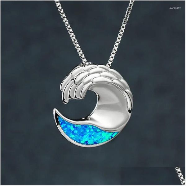 Altri pendenti Collana a catena in argento sterling 925 Moda Ciondolo onda oceanica Collane di fidanzamento con pietra opale blu geometrica per le donne Dh7No