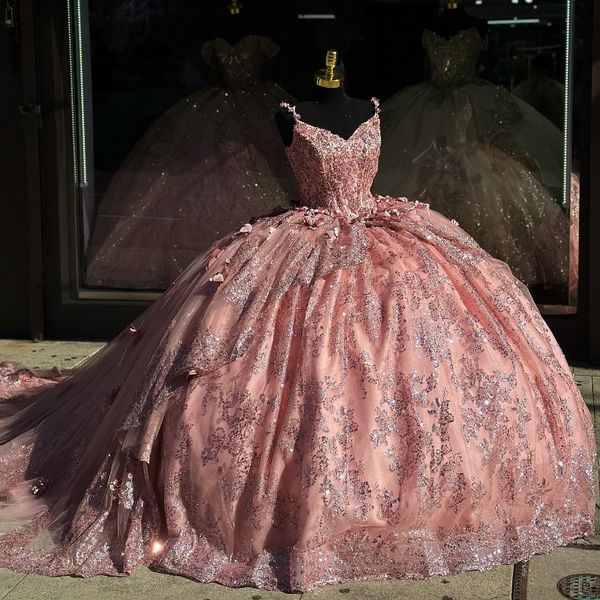 Розовое блестящее бальное платье Quinceanera Dress 2024 Аппликации Кружева Цветы Бусы Тюль Спагетти на бретельках Sweet 16 Years Vestidos 15 De XV Anos