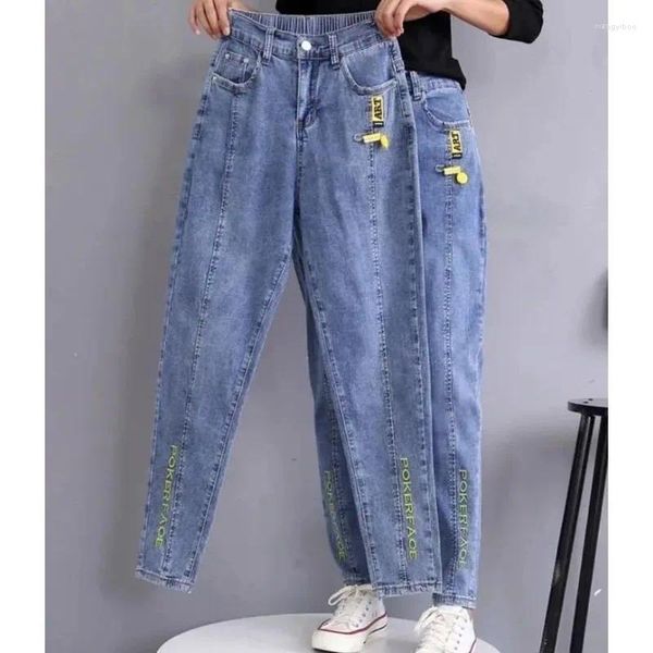 Kadınlar kot pantolon kadınlar Koreli vintage streç denim pantolon mektup nakış gündelik ayak bileği uzunluğu kot pantolonlar bülbeli yükseklik bel