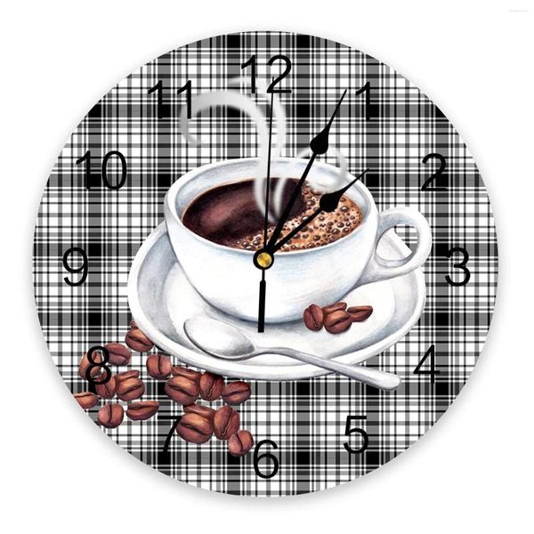 Настенные часы с черно-белой сеткой, кофейные зерна, бесшумные, для дома, кафе, офиса, для кухни, искусства