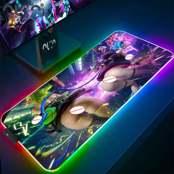 Almofadas League of Legends Jinx Mouse Pad Sexy Girl Rgb Grande Mouse Pad Gamer Acessórios Laptop PC Luminoso Led Desk Teclado Tapete Tapete