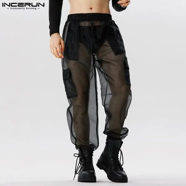 Hosen Stilvolle Casual-Stil Hosen INCERUN Neue Männer Party Zeigt Heißer Verkauf Lange Hosen Sexy Solide Durchsichtige Dünne Mesh Pantalons S5XL