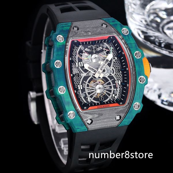 RM21-02 Tourbillon Aerodyne Mens Yeşil Siyah Karbon Otomatik Movment 28800vph Safir Kristal Lüks Bilek Swatch Su Direnci