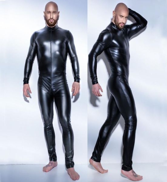 Novo homem sexy couro látex catsuit teddy bodysuit preto brilhante lingerie erótica bodysuits zentai corpo wear macacão de uma peça8957609