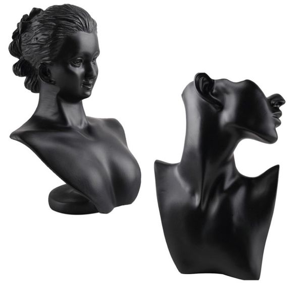 Schwarzes Harzmaterial, elegante weibliche Schaufensterpuppe für Mode, Halskette, Anhänger, Büste, Schmuck-Display-Halter, Juweliergeschäft-Display 21111279 m