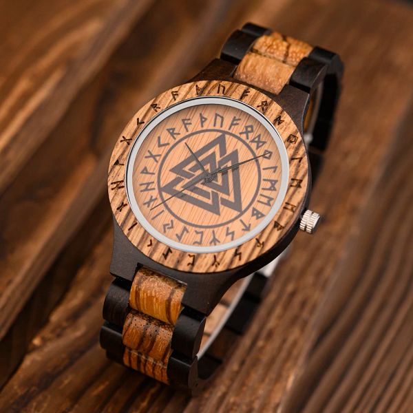 Uhren Bobo Bird Viking Herrenuhr aus Holz mit Helm der Ehrfurcht Einzigartiger Runenkreis Vegvisir Valknut Quarz-Armbanduhr Nordische Symboluhren
