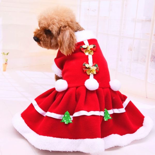 Kleider Haustiere Welpenkleid Weihnachten Hundekleidung Doppelter Samt Dicker Hund Weihnachtskleidung Katzenkostüm Mit Pompon Fliege Rotes Kleid