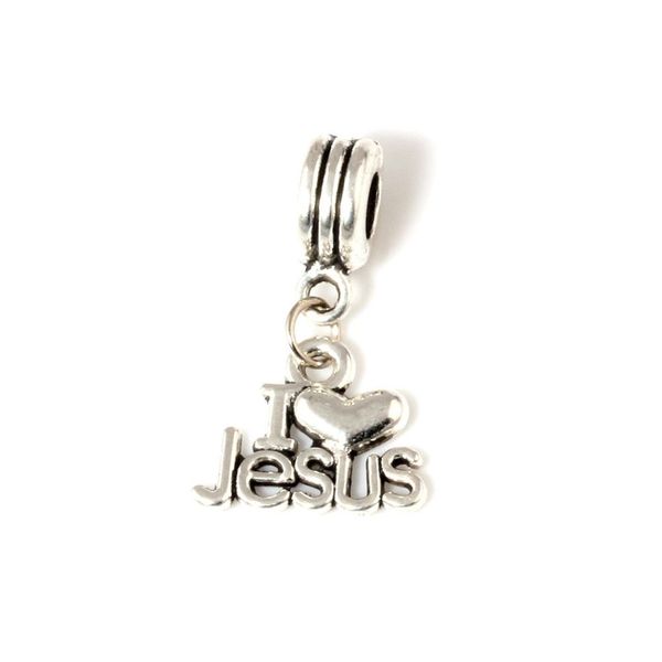 MIC 50 Stück / Los baumelndes antikes Silber „I Love Jesus“ religiöser Anhänger mit großem Loch, Perlen für europäischen Charm-Armband-Schmuck 2278f