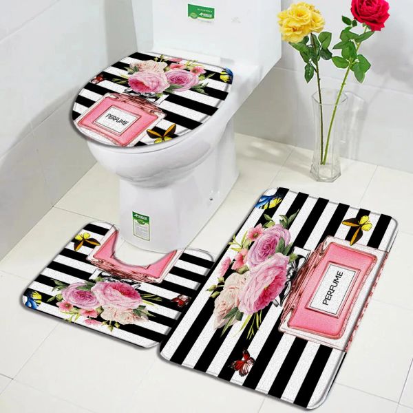 Tappetini Set di tappetini da bagno con profumo di fiori Farfalla Rosa Floreale Nero Bianco Stampa a strisce Tappeto per porta Arredamento per il bagno Tappetino antiscivolo per WC