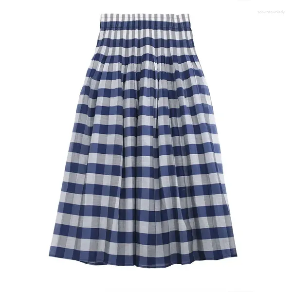 Gonne Donna Gonna lunga a pieghe in cotone 2024 Summer Stripe Midi Check Vita alta Elascity Casual Party Per P410