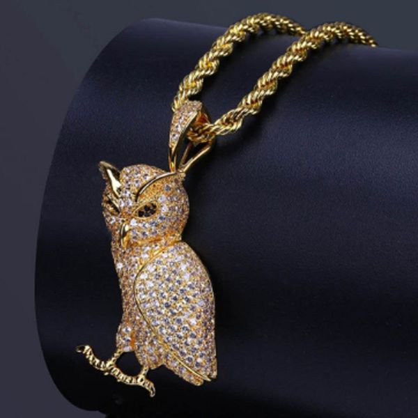Luxuriöse Iced Out-Halskette mit Tier-Eulen-Anhänger aus Edelstahl und 60 cm langer Seilkette, mit Mikro-Pavé-Kubikzirkonia, künstlichen Diamanten, Pend229w