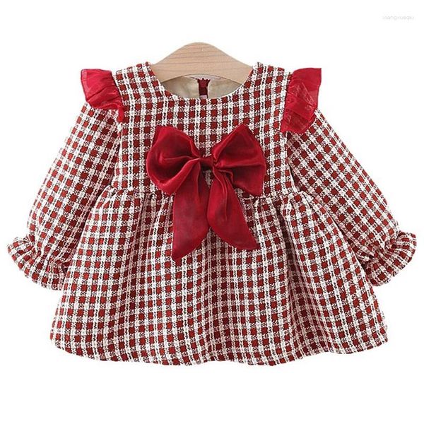 Abiti da ragazza Autunno Inverno Abito da principessa per bambini Plaid coreano Simpatico fiocco caldo spesso manica lunga di lusso compleanno Borm vestiti BC1675