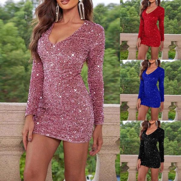 Abiti casual da donna con scollo a V con paillettes abito aderente primaverile ed estivo abiti corti eleganti sexy per le donne