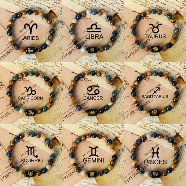 Strand 12 Costellazione Segni zodiacali Bracciale Uomo Donna Occhio di tigre naturale Pietra Perline Coppie Bracciali Scorpione Compleanno Perline Gioielli