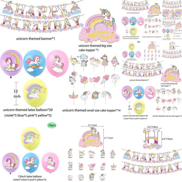 Nuovo nuovo set arcobaleno modello unicorno banner felice palloncini in lattice kit toppers per torta per forniture di compleanno per ragazza