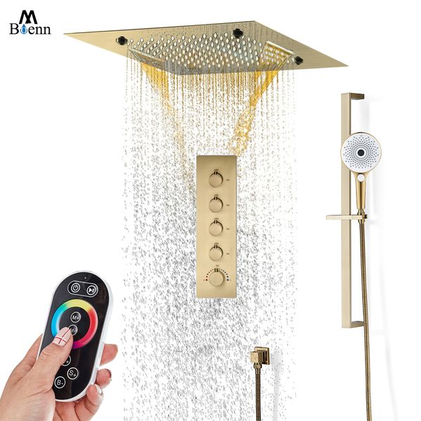 M Boenn Hotel Gold Sistema doccia Bagno domestico Rubinetti doccia termostatici Set Soffitto incorporato Docce in acciaio inossidabile Pannello LED Soffione a pioggia da 20 pollici