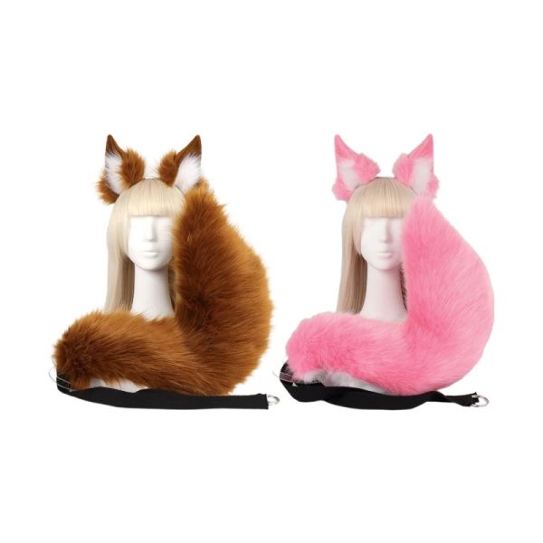 Kostümler Tilki Kulakları ve Kuyruk Seti, Kuyruklu Kedi Kedi Kulakları Kafa, Yavru Kedi Anime Fox Kulakları, Cadılar Bayramı Cosplay Party Fox Kostümleri
