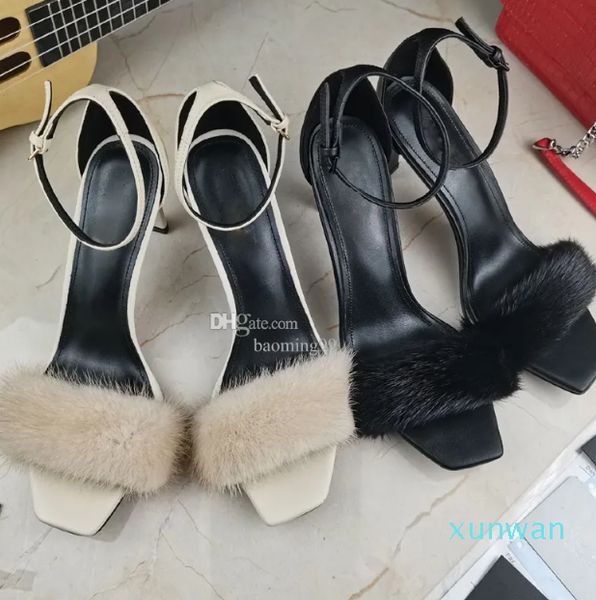 Mais novo designer de cabelo de vison sandálias de salto alto luxo couro genuíno mulheres moda sapatos de salto de alta qualidade 8,5 cm saltos mulheres sandália chinelo tamanho 34-42 com caixa