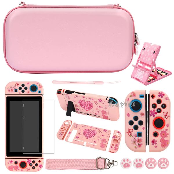 Bolsas para nintendo switch, bolsa de transporte 10 em 1, kit de acessórios de jogo, rosa, sakura, tpu, capa protetora, película de vidro + polegares + suporte