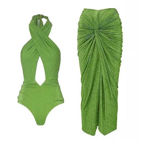 Costumi da bagno 2024 Nuovo verde Halter Costume intero da donna set lucido Texture pieghettato Costumi da bagno donna Beachwear costume da bagno bikini 240229