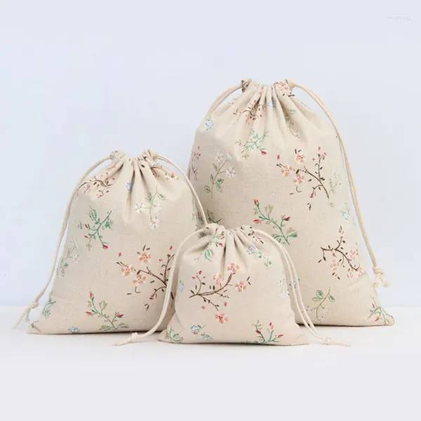 Alışveriş Çantaları Edebiyat Pamuk Keten Drawstringstring Bag Vintage Çiçek Bitki Kahve Hediye Şeker Ambalaj Kadınlar Seyahat Çantası Depolama Para Çanta