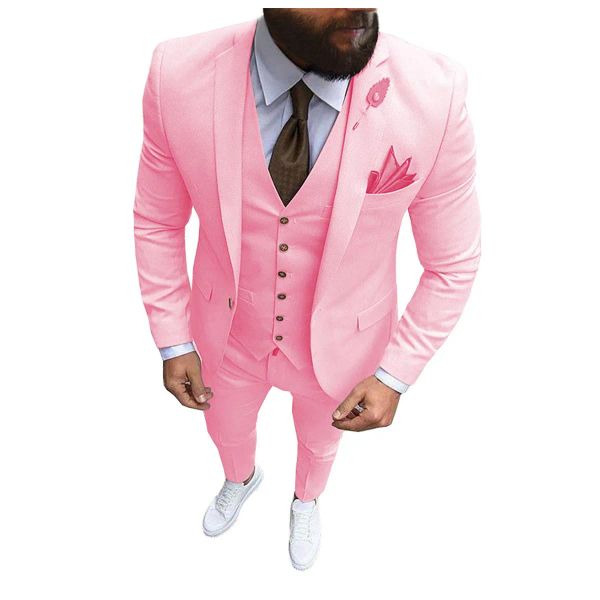 Ternos novos homens rosa 3 peças terno formal negócios notch lapela fino ajuste noivo smoking melhor homem blazer para casamento (blazer + colete + calças)