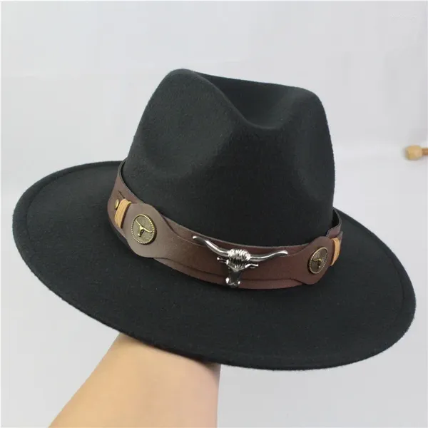 Berets elegante tendência masculina cabeça de touro grande borda plana chapéu moda retro feminino jazz cinto lã fedora balde chapéus casual boné