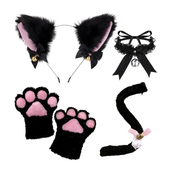 Trajes gato traje conjunto halloween natal animal cosplay adereços orelhas de gato bandana cauda sino rendas gargantilha luvas adultos crianças