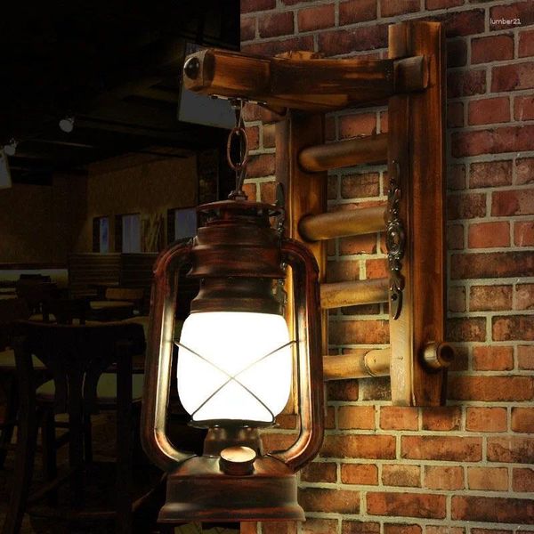 Lampada da parete Cinese Retro Luce Antico Vintage Sconce da giardino Decor Bambù Metallo Apparecchio di illuminazione in vetro per Bar Negozio Corridoio