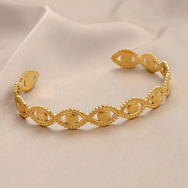 Nova tendência pulseira de punho aberto de mau olhado para mulheres meninas 14k cor de ouro amarelo pulseira ajustável festa de casamento joias presente