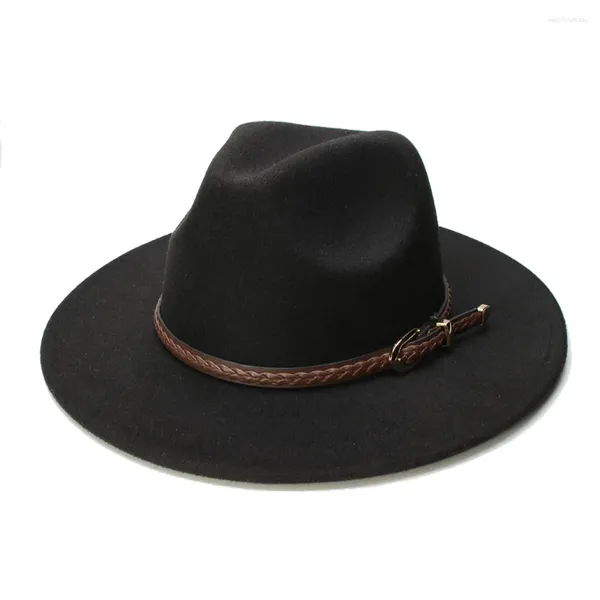 Berets Luckylianji Retro Mulheres Homens Vintage Lã Ampla Brim Cap Fedora Panamá Jazz Bowler Chapéu Brown Knit Leather Band (57cm / Ajustar)