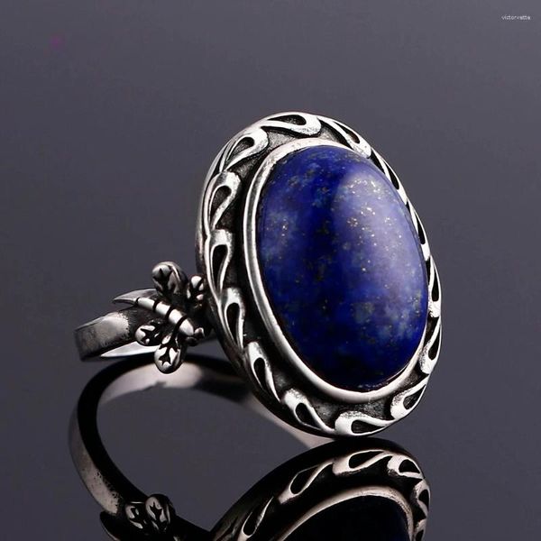 Anéis de cluster Natural 11x15mm Lapis Anel 925 Sterling Silver Vintage Libélula para Homens Mulheres Presente Jóias Atacado Drop