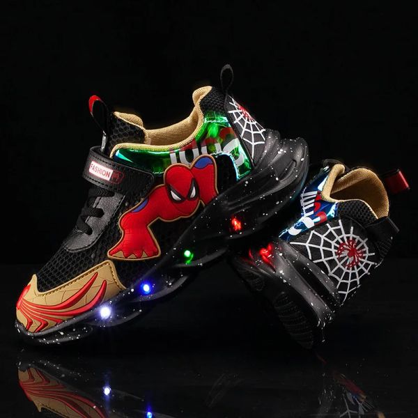 Outdoor Spiderman Kinder Led Beleuchtung Schuhe Junge Beleuchtung Schuhe Mädchen Laufen Rote Schuhe Baby Blinkende Mesh Durchbrochene Turnschuhe Mesh